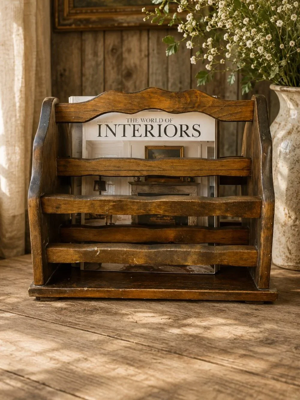Vintage Primitive Rustic Pine Wood Magazine Rack Record Holder